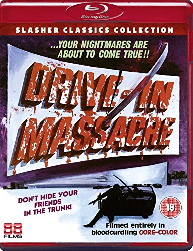Blu-ray cover for Drive-In Massacre featuring a bloody title and a silhouetted figure.