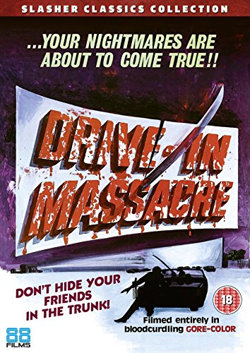 DVD cover for horror film "Drive In Massacre" with a knife and car.