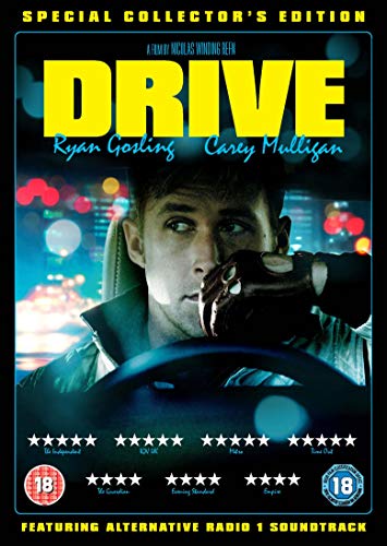 DVD cover for “Drive” featuring Ryan Gosling driving, nighttime city lights.
