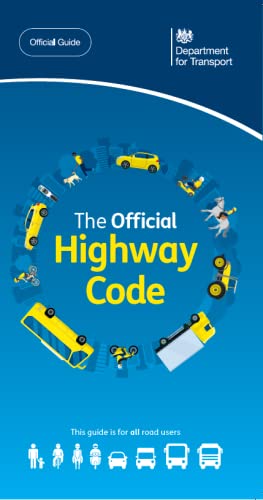 The Official Highway Code book cover with blue background and various road user illustrations.