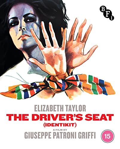 Blu-ray cover art featuring Elizabeth Taylor with hands bound by a colorful patterned scarf.