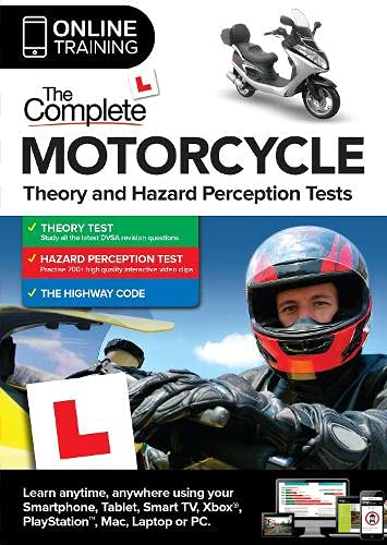 Product cover for motorcycle theory and hazard perception test training with a rider image.