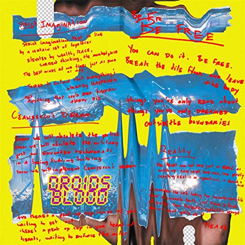 Album cover with yellow background, blue distorted water imagery, and handwritten red text overlays.