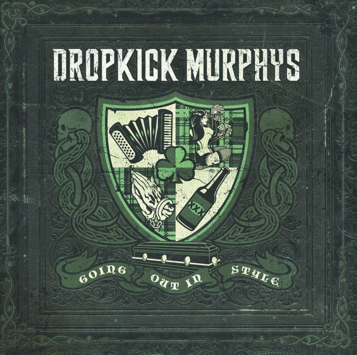 Dropkick Murphys album cover: ornate shield with skulls, instruments, and a coffin.