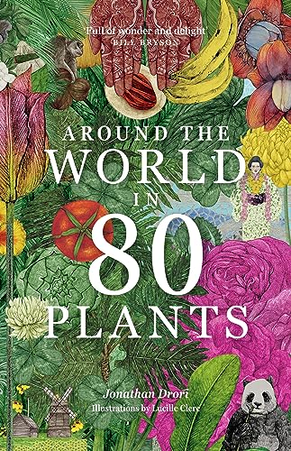 Book cover with botanical illustrations, a panda, and the title Around the World in 80 Plants.