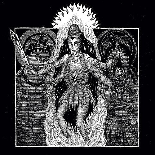 Black and white illustration of a Hindu deity on a black background.