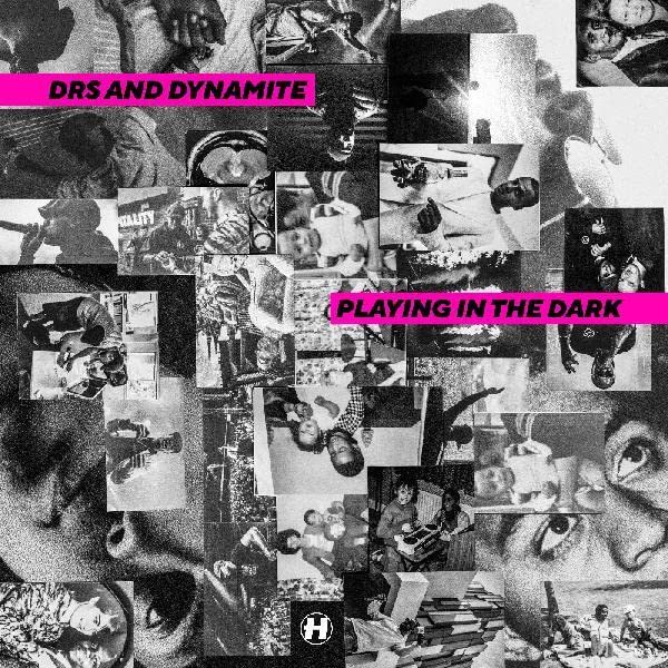 CD cover for "Playing In The Dark" by DRS & Dynamite, black and white collage.