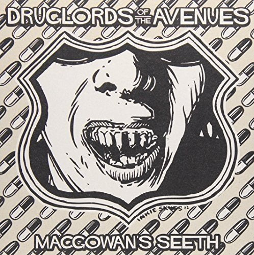 Black and white album cover featuring a snarling face surrounded by a pill pattern.