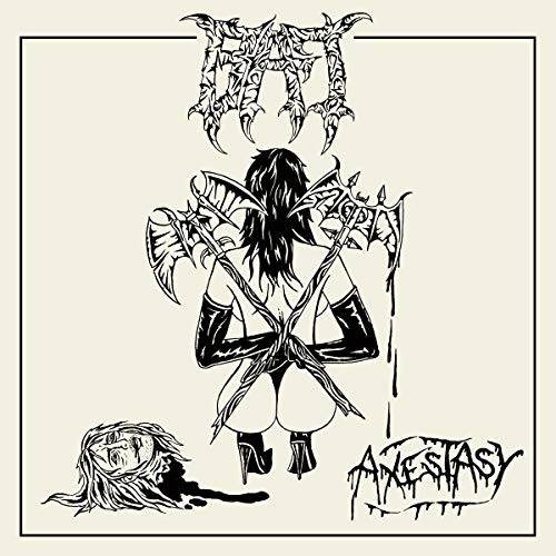 Black and white illustration of a figure with axes and a severed head.