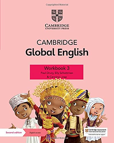 Cambridge Global English Workbook 3 cover featuring four children in diverse traditional cultural clothing.