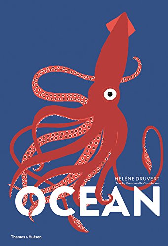 A large red squid on a blue background with the white text OCEAN below.