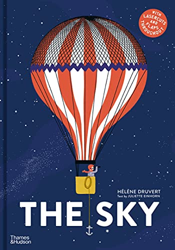 Red and white striped hot air balloon with a small figure below.