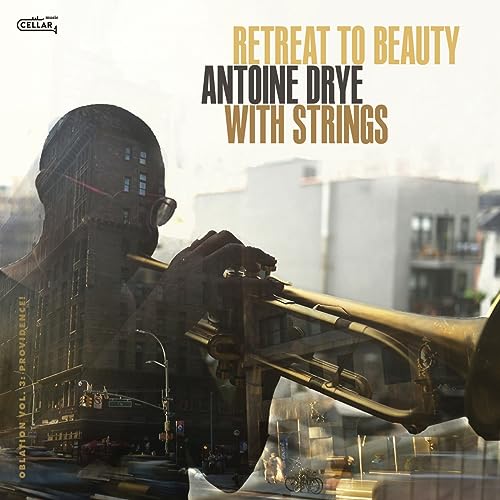 CD cover: Trombonist silhouette against a city skyline, text “Retreat to Beauty”.
