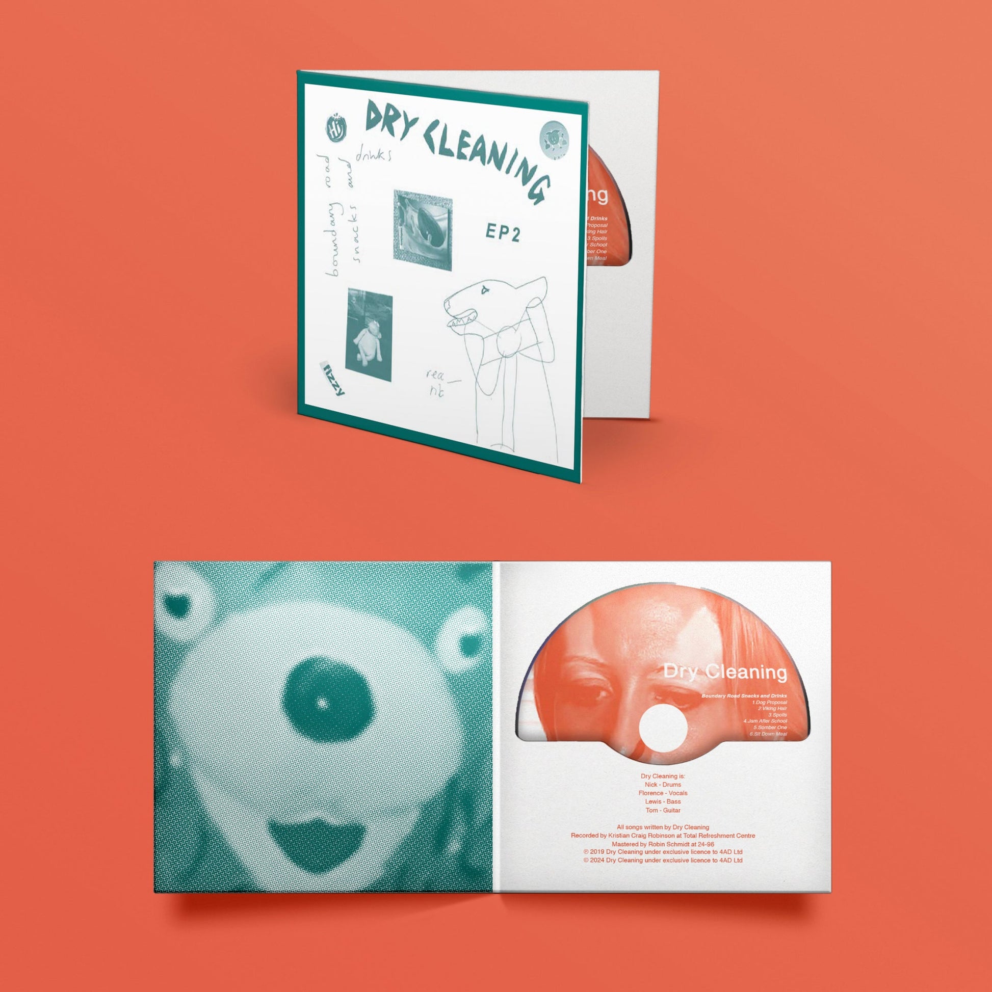 CD case for Dry Cleaning’s EP2, featuring abstract line art and portraits.