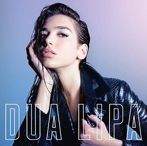Dua Lipa album cover with her portrait in a shiny jacket, text "DUA LIPA."