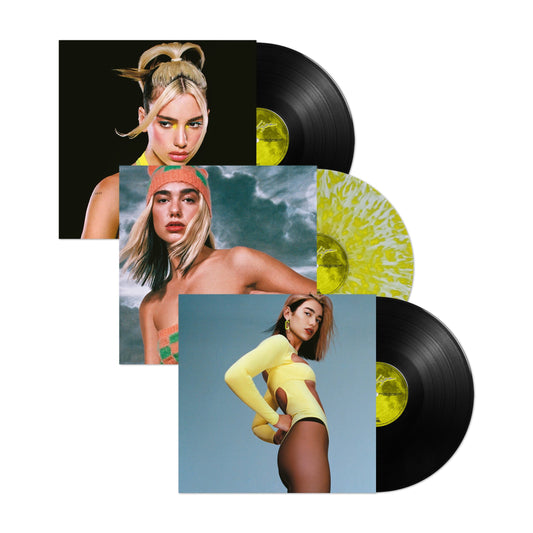 Dua Lipa album cover, blonde hair, yellow background, tattoo visible.