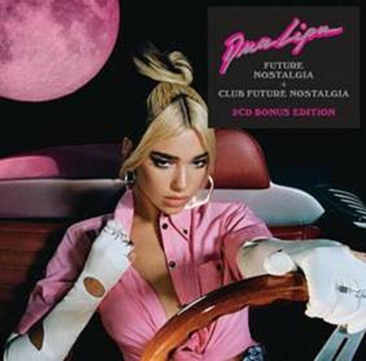 Dua Lipa in a pink shirt, driving a car, under a pink moon.
