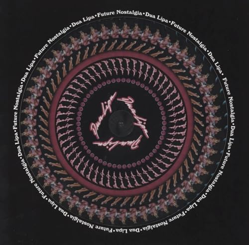 Dua Lipa’s “Future Nostalgia” vinyl record cover, circular design with pink and gold.