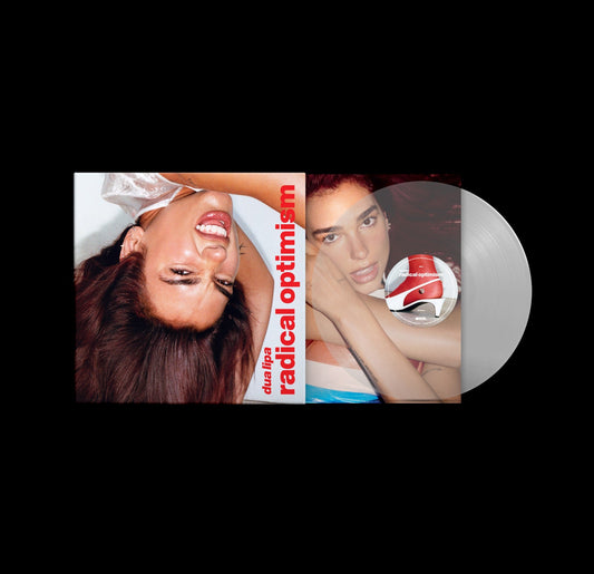 Dua Lipa’s “Radical Optimism” clear vinyl LP with album cover portrait.