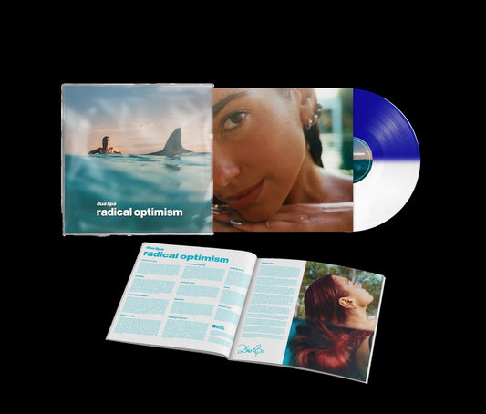 Dua Lipa’s “Radical Optimism” split-colour vinyl LP and open lyric booklet.