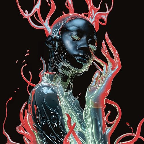 A dark-skinned figure surrounded by swirling red liquid against a black background.