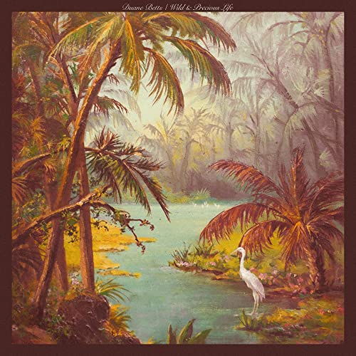 Painted album cover with palm trees, a river, and a white bird.