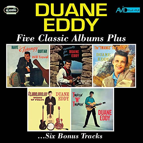 CD collection with Duane Eddy, five albums, standard jewel case packaging, black and white artwork.