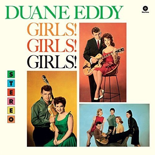 "Vinyl album cover with Duane Eddy and women, colorful title and 'STEREO' text."