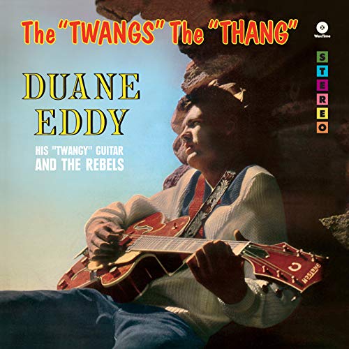 "Duane Eddy vinyl record cover, man playing guitar, blue background, colorful text."