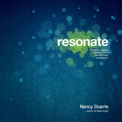 Book cover for Resonate by Nancy Duarte with blue and green abstract circular patterns.