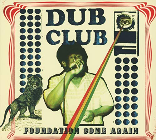 CD cover: man with microphone, lion, and colorful stripes, vintage style.