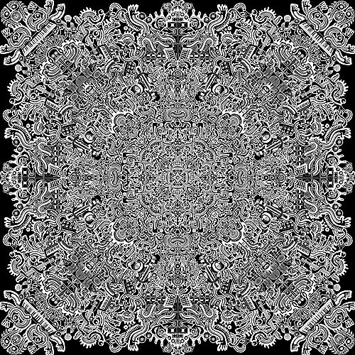 Intricate black and white illustration of musical instruments and patterns.