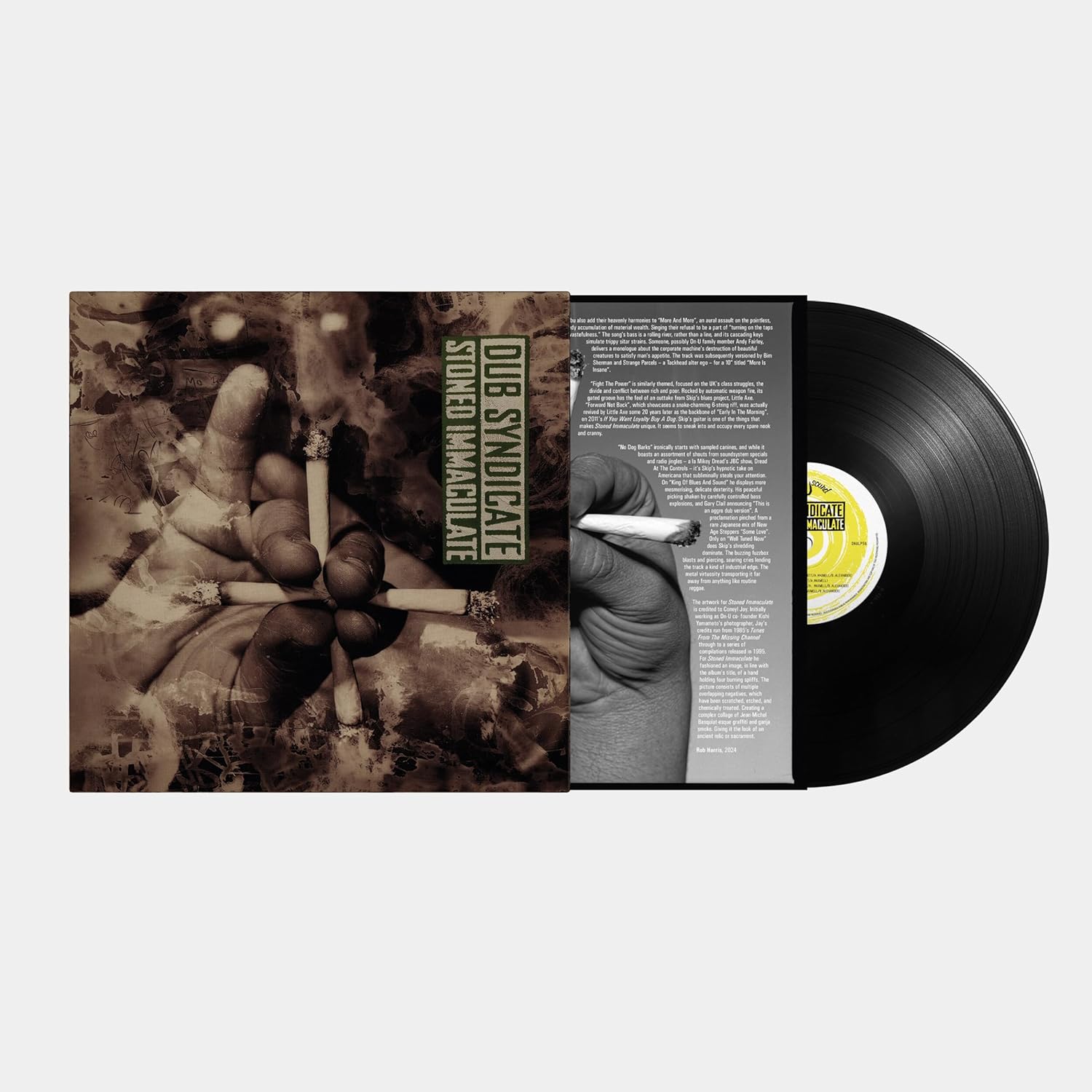 Vinyl record and gatefold sleeve for Dub Syndicate's Stoned Immaculate with abstract hand imagery.