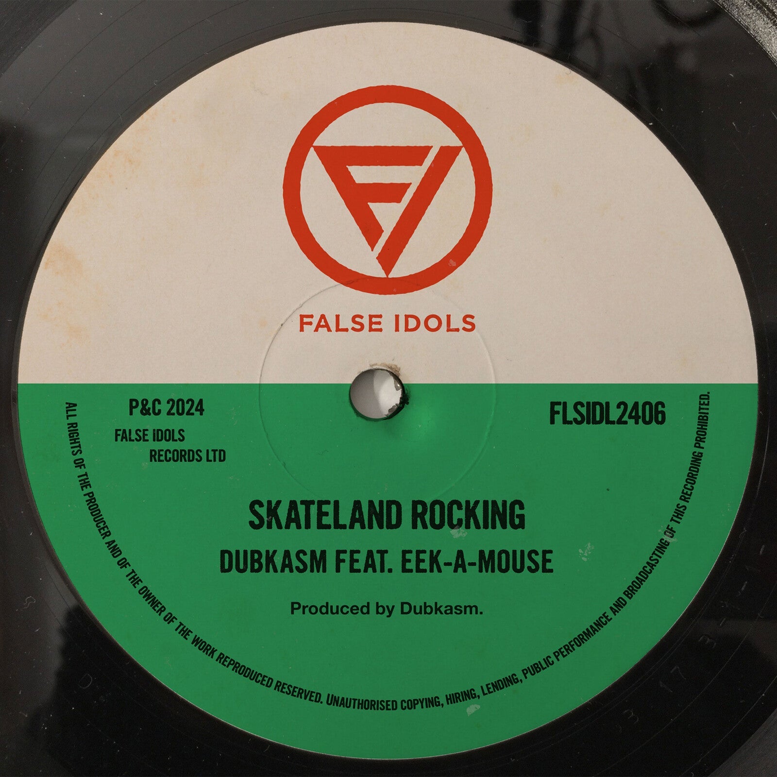 Yellow vinyl record label with red and green graphic, text details.