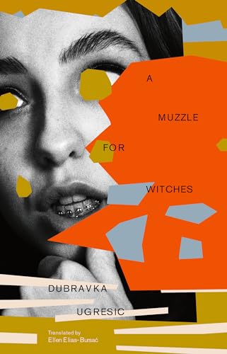 Book cover: close-up of a woman’s face with abstract orange and gray shapes.