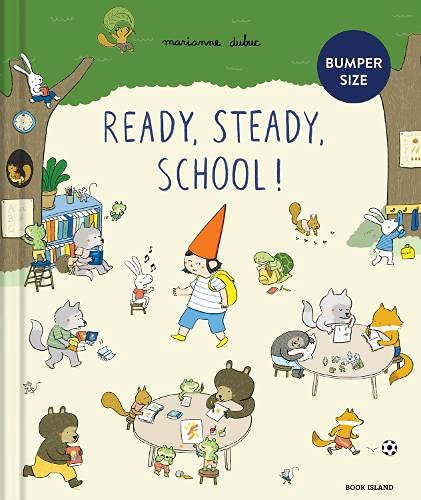 Children and animals prepare for school in a colorful illustrated scene.