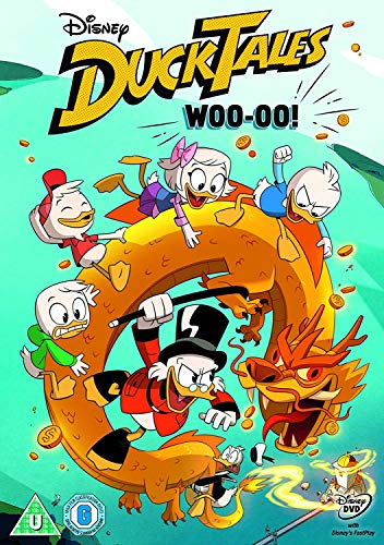 Scrooge McDuck and the three nephews ride a golden dragon on a DVD cover.