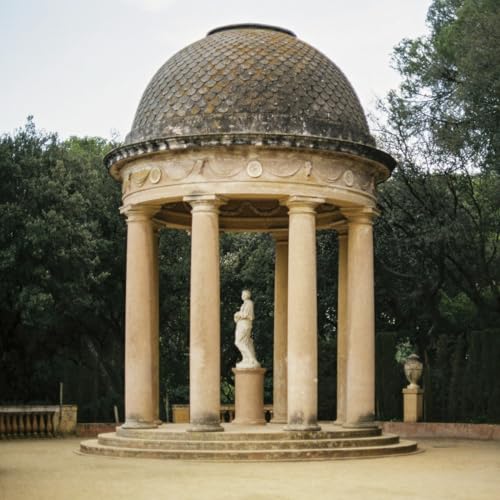 A domed classical rotunda with columns surrounding a statue in a garden setting.