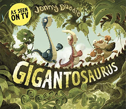 Four colorful dinosaur characters on a branch with the title "Gigantosaurus".
