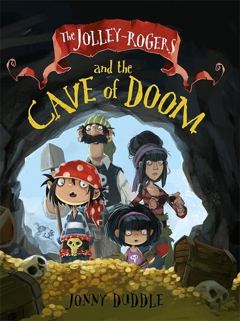 Book cover: cartoon pirates entering a dark cave with treasure.