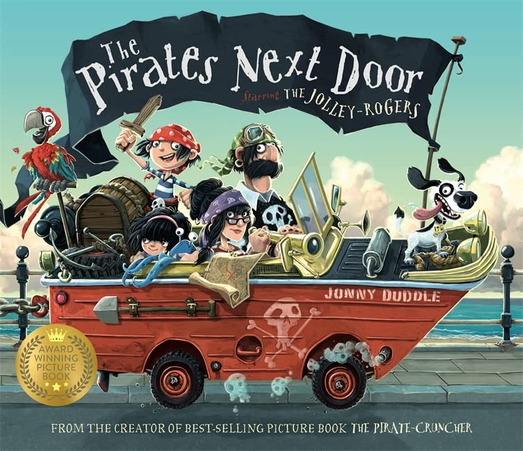 Colorful illustration of pirates in a red, car-shaped boat.