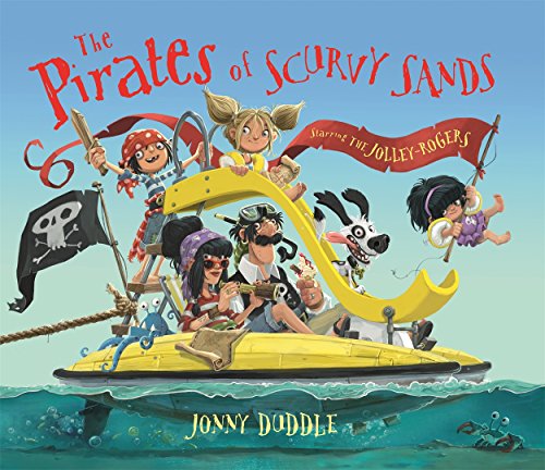 Colorful illustration of child pirates on a yellow boat at sea.