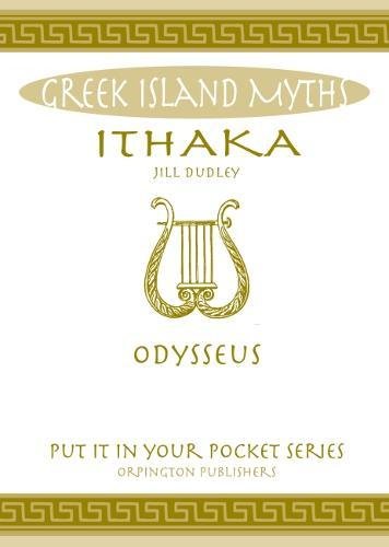 Book cover for "Ithaka: Odysseus" featuring a lyre and Greek key design.