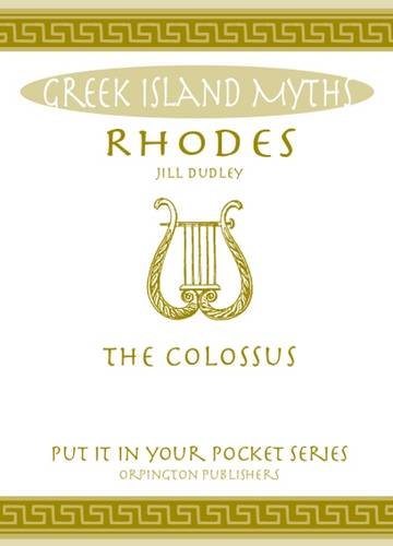 Booklet cover with golden Greek key design, lyre, and title "Rhodes: The Colossus".
