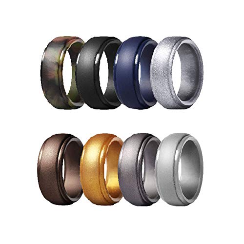 Eight silicone rings in various colors and finishes, stacked in two rows.
