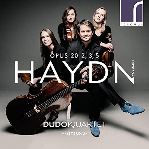 Dudok Quartet Amsterdam album cover featuring four musicians with string instruments.