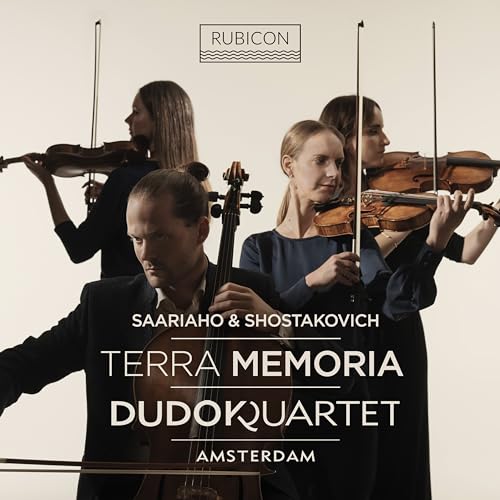 Four musicians with string instruments, album cover for Dudok Quartet Amsterdam.