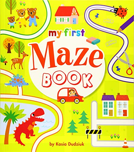 Colorful children’s maze book cover with animals, vehicles, and playful illustrations.