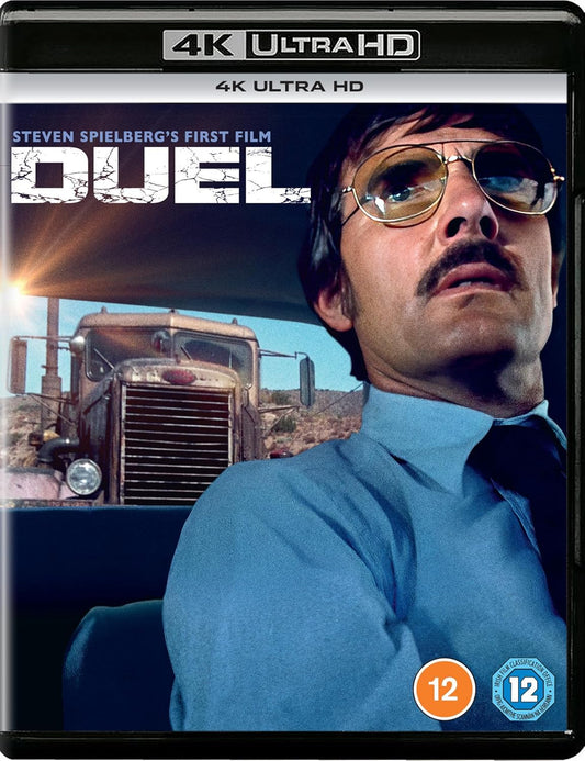 Duel" 4K Blu-ray cover featuring a man and a large truck on a road.