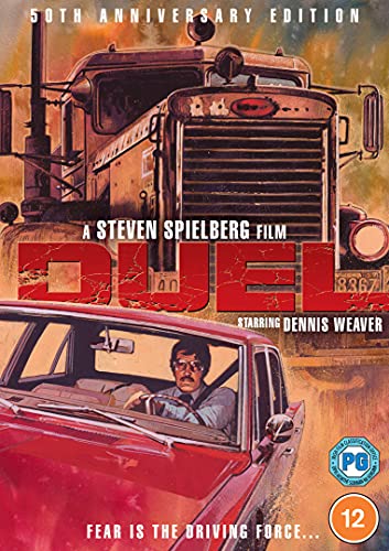 DVD cover for “Duel” showing a red car pursued by a large truck.